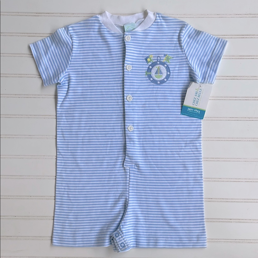VINTAGE CHEZ AMI by PATSY AIKEN NWT 100% Cotton Striped Embroidered Romper